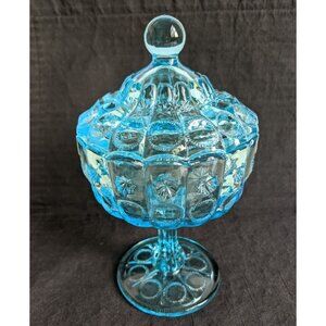 Mid-Century L.G. Wright Pricilla Blue Glass Pedestal Lidded Candy Dish
